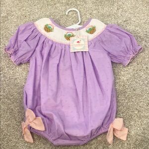 Purple Kids One Piece by Smocked Flamingo featuring embroidery and bows